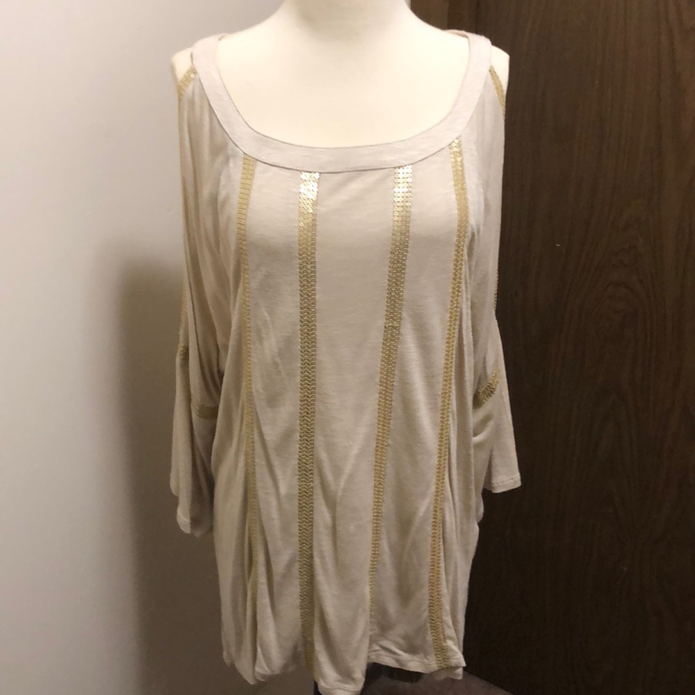 Chico’s Woman’s Khaki Sequin 3/4 Sleeve Cold Shoulder Top Size 3
